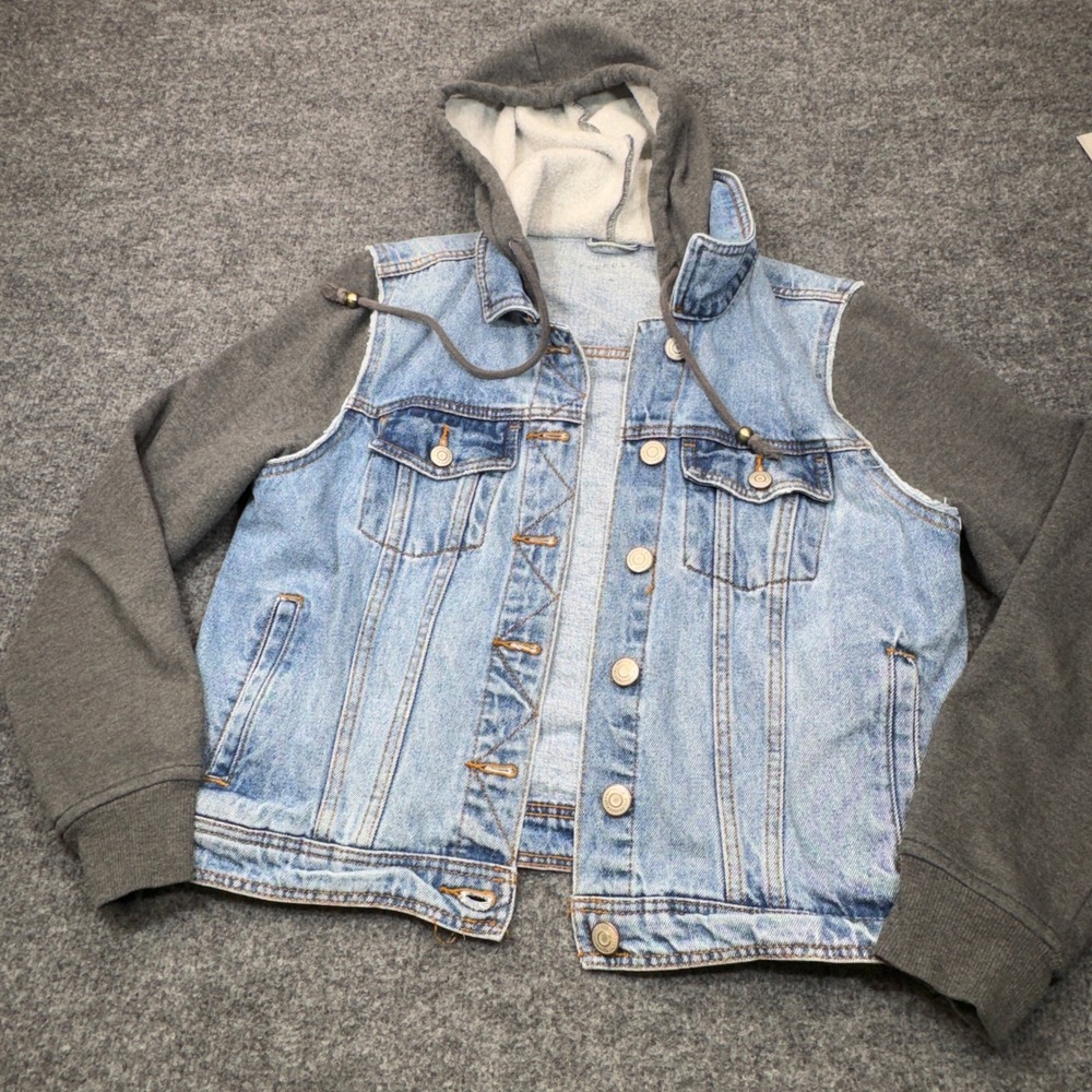 Aeropostale Jean Jacket Womens Large Blue Gray Hooded Mixed Media Denim Street